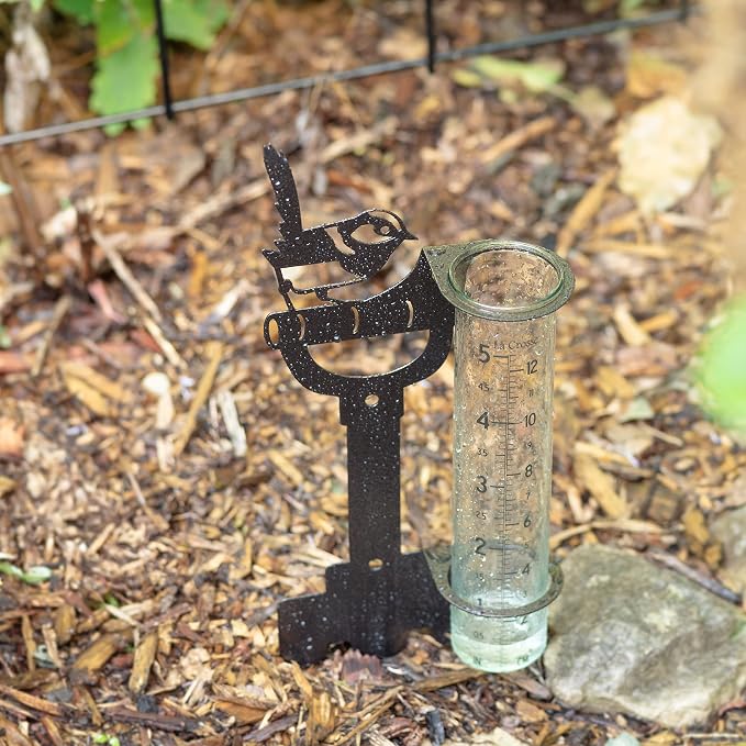 La Crosse 704-98937-INT Bird and Shovel Metal Garden Rain Gauge with 5" Glass Tube