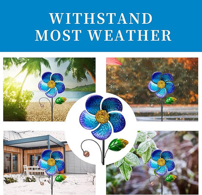 Viveta 2 Pack Wind Spinners with Metal Stake, Outdoor Garden Pinwheels | Blue Flower Shape Design Garden Spinners for Yard Lawn Patio Decor ,28.7 inches