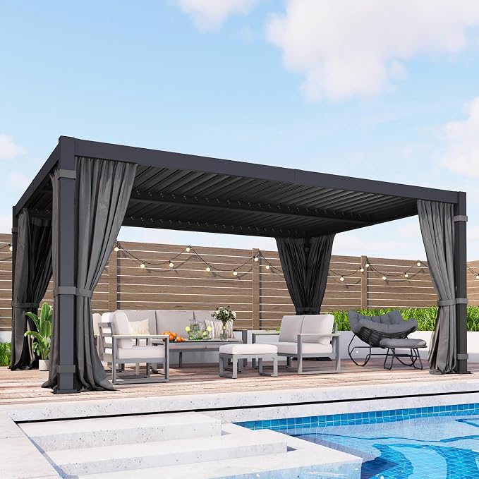 12' x 16' Louvered Pergola, Aluminum Frame Outdoor Pergola with Adjustable Louvered Roof, Curtains & Netting, Gutter System, Hardtop Patio Gazebo for Patio, Deck, Garden, Yard, Dark Gray