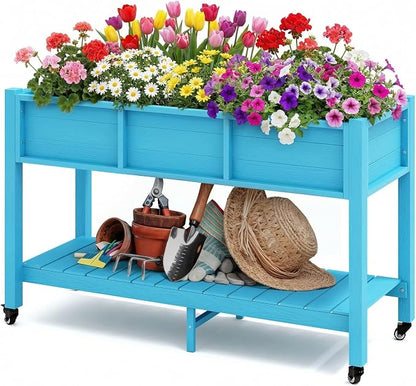 DWVO 47x18x31in Raised Garden Bed HDPE, Weather-Resistant Poly Wood Planter Box Stand, Planter Box with Legs, Storage Shelf & Lockable Wheels, Elevated Garden Bed for Backyard Patio - Aruba Blue
