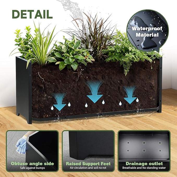 Steel Planter Box-36"x15"x15"-Large Rectangular Planters for Outdoor Plants, Black Matel Planter Box Raised Support Feet for Patio, Deck, Garden, Yard, Drain Holes, Easy Assembly