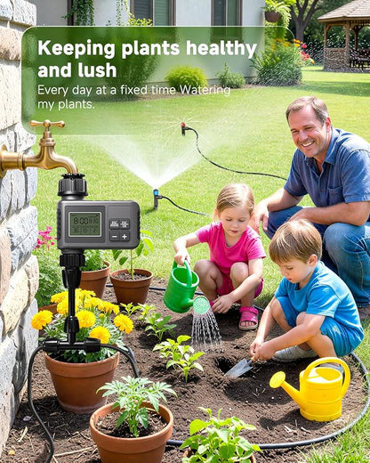 124FT Drip Irrigation System with LCD Timer, Automatic Watering System Kits,5/16 Inch Hose 1/4 Inch Distribution Tubing 3 Sprayer Types, for Garden, Greenhouse, Garden, Lawn