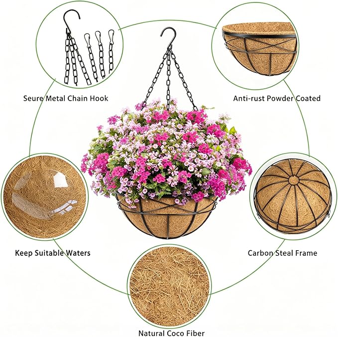 4 Pack 18 Inch Hanging Planters for Outdoor Plants Extra Large Hanging Baskets Flower Pots with Natural Coconut Liner for Porch Balcony Garden Decor