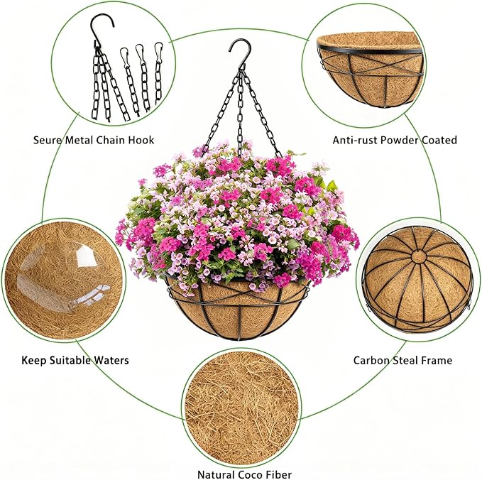 2 Pack 18 Inch Extra Large Deep Hanging Baskets for Plants Outdoor Metal Hanging Planters Flower Pots with Coco Liners Black Hanging Plant Holder for Porch Balcony Garden Planting