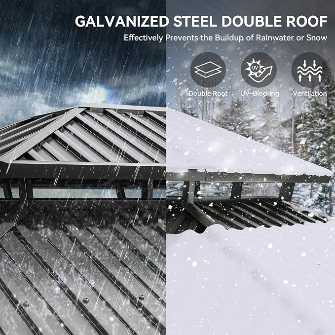 YITAHOME 12x20ft Hardtop Gazebo with Nettings and Curtains | Heavy Duty Double Roof Galvanized Steel Outdoor Combined of Vertical Stripes Roof for Patio, Backyard, Deck, Lawns, Gray