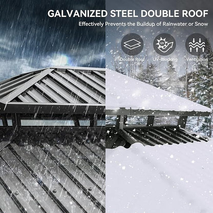 YITAHOME 12x20ft Hardtop Gazebo with Nettings and Curtains | Heavy Duty Double Roof Galvanized Steel Outdoor Combined of Vertical Stripes Roof for Patio, Backyard, Deck, Lawns, Gray