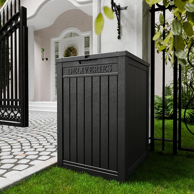 50-Gallon Package Delivery Boxes for Outside, Resin Storage Chest with Sign & Lockable Secure, Waterproof Package Drop Box with Pre-Installation Hole for Curbside, Porch, Black