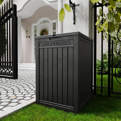 50-Gallon Package Delivery Boxes for Outside, Resin Storage Chest with Sign & Lockable Secure, Waterproof Package Drop Box with Pre-Installation Hole for Curbside, Porch, Black