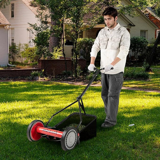 IRONMAX Lawn Mower, 14 Inch Push Reel Lawn Mower with 5 Steel Blades, Adjustable Cutting Heights, Grass Catcher Bag, Walk-Behind Manual Lawnmower for Garden Park Yard, No Motor (Red, 14 Inch)