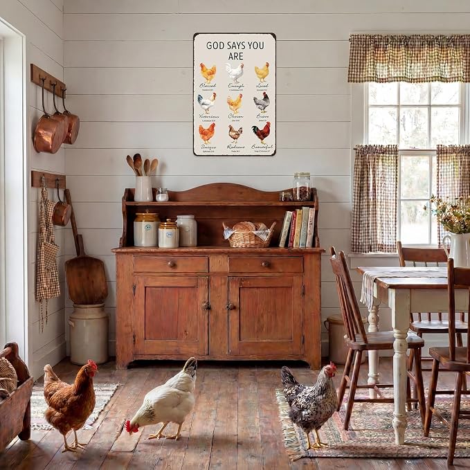 Christian Chicken Tin Sign Bible Verse 8x12 Inch, Watercolor Rooster “God Says You Are” Metal Wall Decor, Religious Encouragement Gift for Farmhouse, Kitchen, Garden, Coop and Chicken Lovers