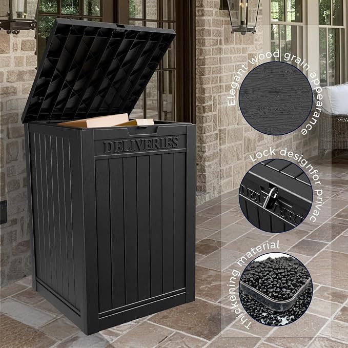 50-Gallon Package Delivery Boxes for Outside, Resin Storage Chest with Sign & Lockable Secure, Waterproof Package Drop Box with Pre-Installation Hole for Curbside, Porch, Black