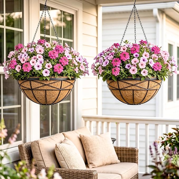 2 Pack 18 Inch Extra Large Deep Hanging Baskets for Plants Outdoor Metal Hanging Planters Flower Pots with Coco Liners Black Hanging Plant Holder for Porch Balcony Garden Planting