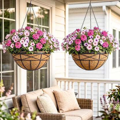 2 Pack 18 Inch Extra Large Deep Hanging Baskets for Plants Outdoor Metal Hanging Planters Flower Pots with Coco Liners Black Hanging Plant Holder for Porch Balcony Garden Planting