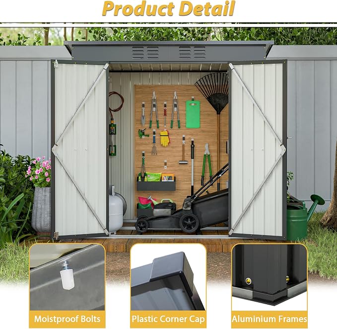 6x4 FT Galvanized Steel Garden Sheds with Ventilation and Sloped Roof, Metal Storage Locker Includes A Lock,Key & Hinged Doors,2 Pairs of Gloves,for Tool,Equipment,Black