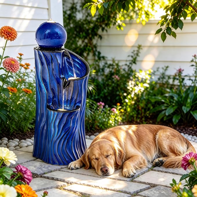 32" H Ceramic Outdoor Water Fountain with LED Lights, 3-Tier Cascading Sphere Water Feature, Tranquil Waterfall for Relaxing Garden, Patio, Yard, or Porch, Cobalt Blue, Dynamic Wave-Texture