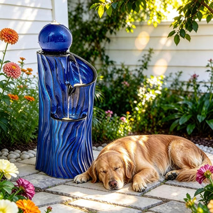32" H Ceramic Outdoor Water Fountain with LED Lights, 3-Tier Cascading Sphere Water Feature, Tranquil Waterfall for Relaxing Garden, Patio, Yard, or Porch, Cobalt Blue, Dynamic Wave-Texture