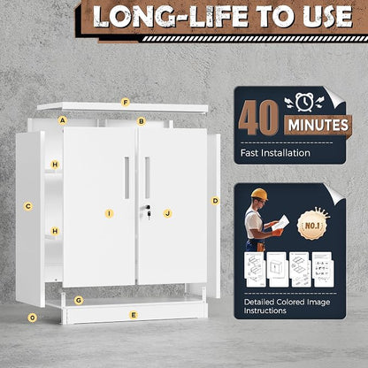 INTERGREAT Metal Garage Storage Cabinet, 36" Locking Counter Cabinet with 2 Locking Doors and 2 Adjustable Shelves, Small Steel Cabinet for for Home Office, Gym, School(White)
