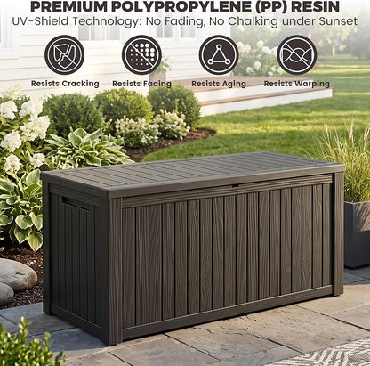 Outdoor Storage Box, 200 Gallon Waterproof Deck Box [Upgraded 3.1], Large Resin Storage with Hydraulic Lifts for King Cushions, Heavy Duty Lockable Bench Seat, Pool Deck, Black