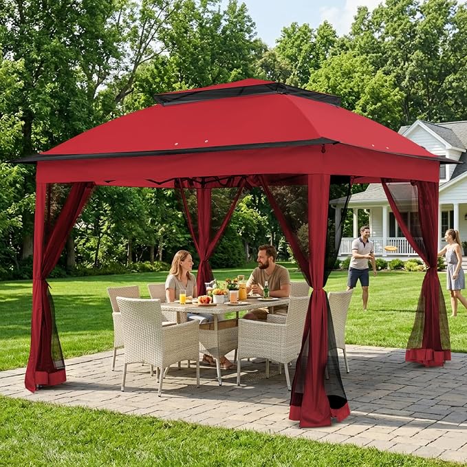 COOS BAY 11x11 Pop Up Gazebo with Mesh Netting, Instant Outdoor Canopy Tent, Water Resistant Shelter with UPF 50+ UV Protection, 121 Sq Ft Coverage, Red