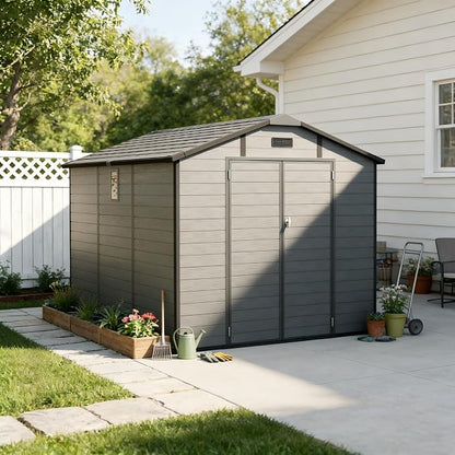 PVWIIK 8x10 ft Resin Outdoor Storage Shed with Floor & Window, Lockable Waterproof All-Weather Utility Shed for Garden Tools & Trash Bins, Gray