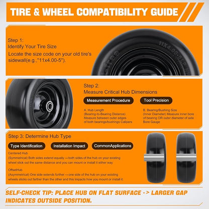 Yesker 11x4.00-5 Flat Free Lawn Mower Tire and Wheel Assembly with 3/4" Bearing Bore, 11x4-5nhs Solid Riding Lawnmower Tires with 3.4" Center Hub, 2 Pack