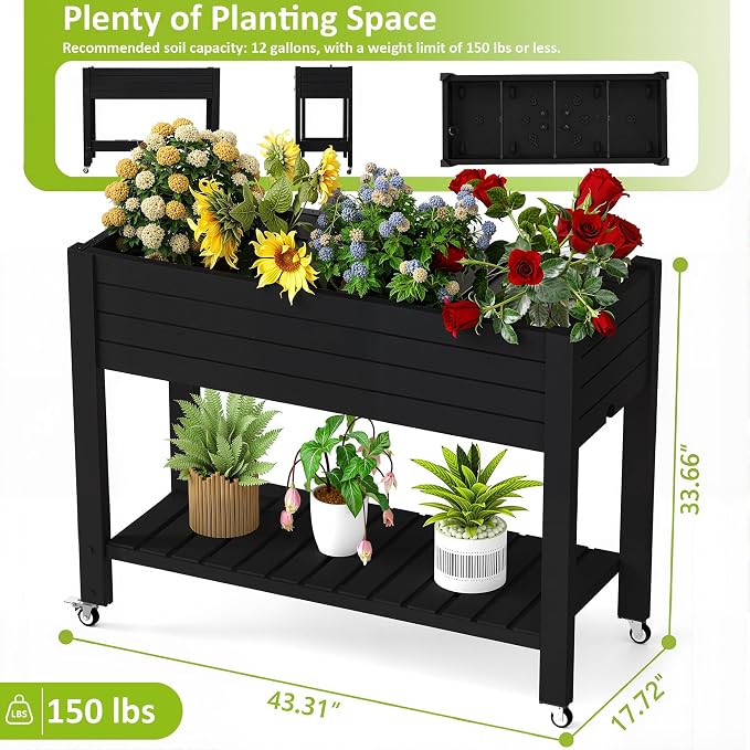 PatioZen Raised Garden Bed, 33.66" Tall Self-Watering Resin Planter Box with Legs & Lockable Wheels Drainage Plug and Gauge for Flowers, Vegetables, Storage Shelf for Tools and Accessories Black