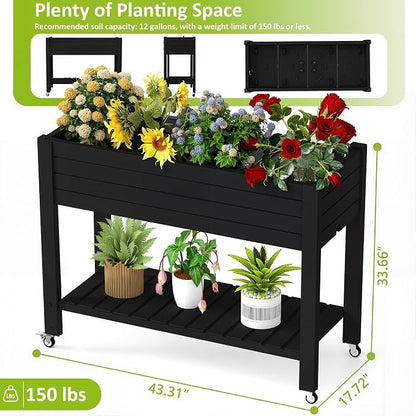 PatioZen Raised Garden Bed, 33.66" Tall Self-Watering Resin Planter Box with Legs & Lockable Wheels Drainage Plug and Gauge for Flowers, Vegetables, Storage Shelf for Tools and Accessories Black