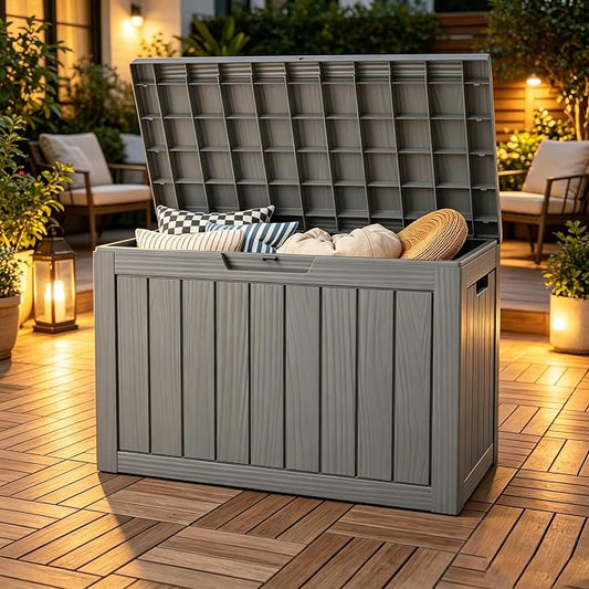 Outdoor Storage Box, Resin Deck Boxes outdoor, Waterproof Storage Box Lockable Lid (Grey, 50 Gallon)