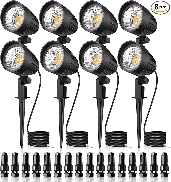 MEIKEE 7W 800lm Low Voltage Landscape Lighting, 12V 24V LED Landscape Lights, 2700K IP66 Waterproof Outdoor Spot Lights with Connectors for Garden Pathway Yard Decoration (8 Pack)