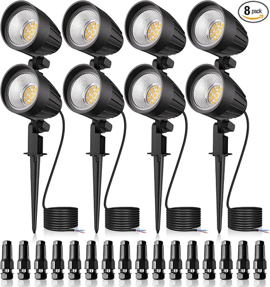 MEIKEE 7W 800lm Low Voltage Landscape Lighting, 12V 24V LED Landscape Lights, 2700K IP66 Waterproof Outdoor Spot Lights with Connectors for Garden Pathway Yard Decoration (8 Pack)