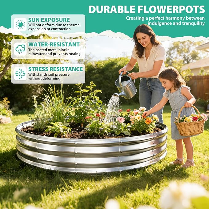 12 Inch Tall 72 Inch Diameter Round Silver Raised Garden Bed Kits Outdoor | 1 FT Tall,6 FT Planter Bed for Flowers,Herbs,Vegetables,Trees,0.8MM Thick Galvanized Metal Painted,with Gloves,Tool free