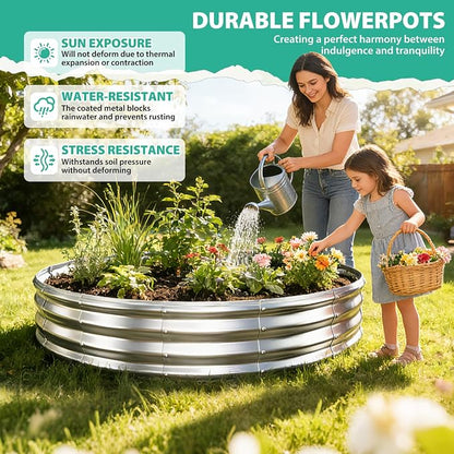 12 Inch Tall 72 Inch Diameter Round Silver Raised Garden Bed Kits Outdoor | 1 FT Tall,6 FT Planter Bed for Flowers,Herbs,Vegetables,Trees,0.8MM Thick Galvanized Metal Painted,with Gloves,Tool free