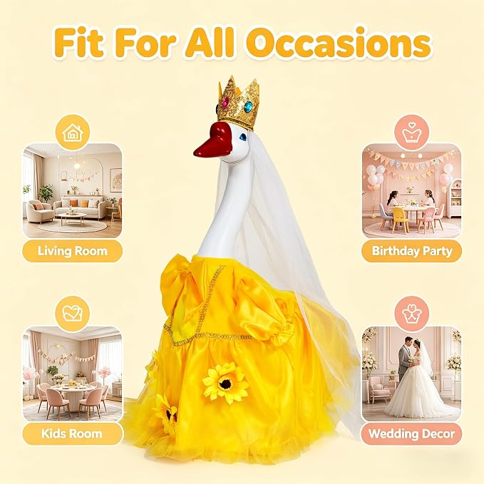 Porch Goose Statue with Princess Outfits - Cute Resin Goose Figurine with Yellow Princess Dress and Crown, Waterproof Weather Resistant Garden Decor for Patio Lawn Room, Gift for Women Goose Lovers
