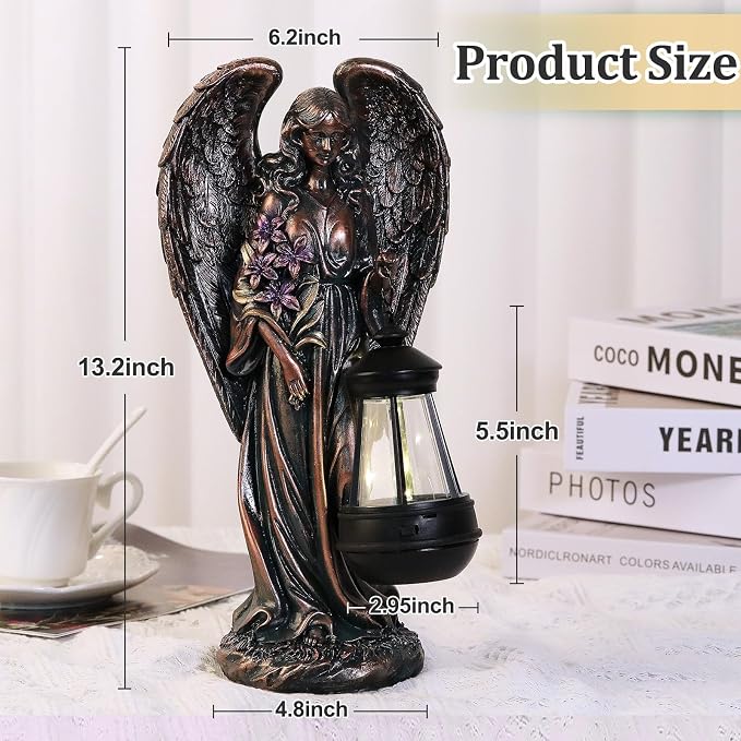 VChymm Solar Angel Outdoor Garden Decor Statues – 13.2 inches Solar Outdoor Sculptures for Outside Yard Art Patio Balcony Front Lawn Ornaments Gifts for Mom Grandma Women（Bronze）