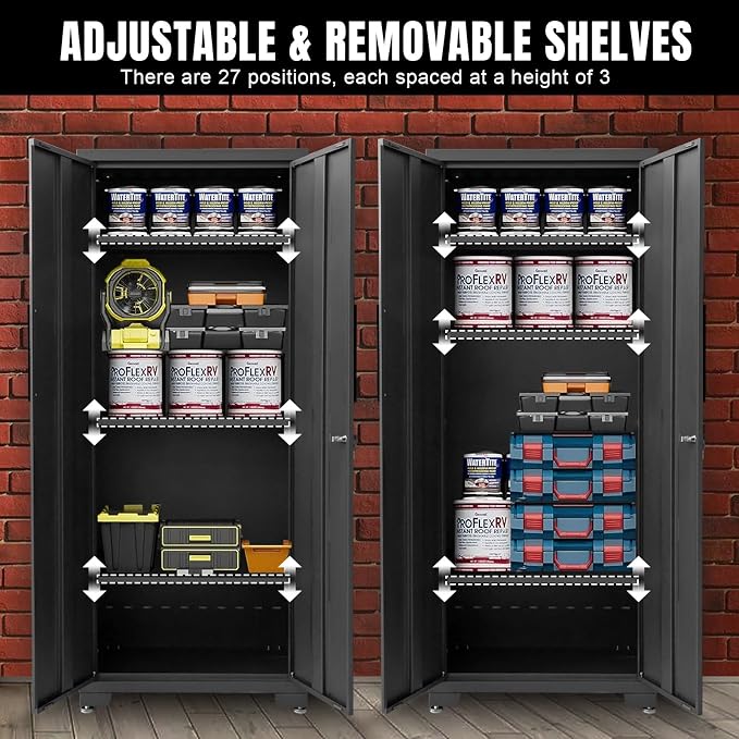 Torin 12 Piece Garage Storage Cabinet System，Workshop Cabinet Set in Black | Included Workshop Tool Organizer Chest with Lockers, Shelves and Wood Workbench, Black/Grey