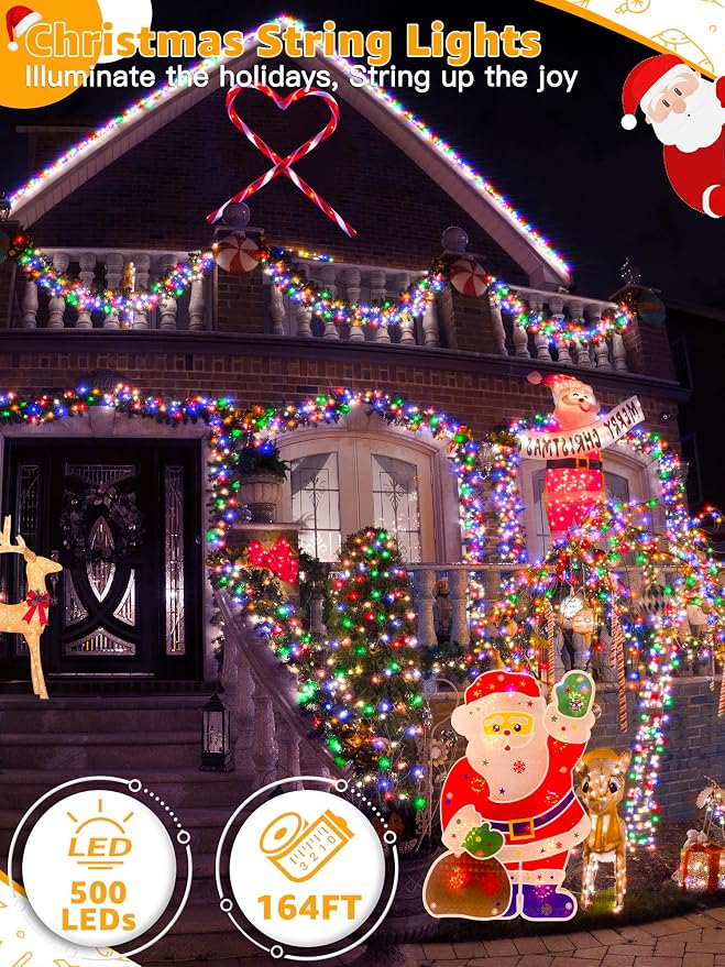 BrightChristmas 500 LED 164 FT Christmas Lights, Waterproof Outdoor String Lights with Remote and Timer, Christmas Tree Lights with 8 Modes Dimmable, Fairy Lights for Holiday Decor (Multicolor)