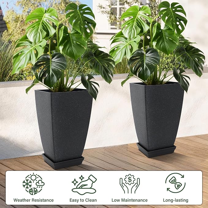Neoaider Set of 2 Tall Planter, 21 inch Large Plastic Planter, Cement Gray | Ceramic-Look, Lightweight, Built-in Drain Hole, Saucers, Tall Outdoor Planter for Porch, Garden, Patio, Balcony