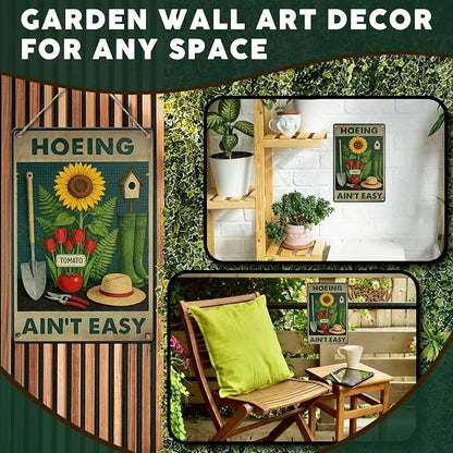 PEACHGARDEN Hoeing Ain't Easy Sign Funny Garden Metal Sign Yard Art Garden Wall Decor Patio Decor for Outdoor Porch Greenhouse Backyard Cabin 8x12 inch