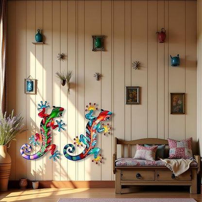 Meduofon Set of 2 Large Metal Gecko Wall Decor, Outdoor Lizard Wall Art Upgrade Handmade Hanging Sculpture Decoration for Indoor Outdoor Home Garden Yard Fence Patio (2PC Large Gecko)