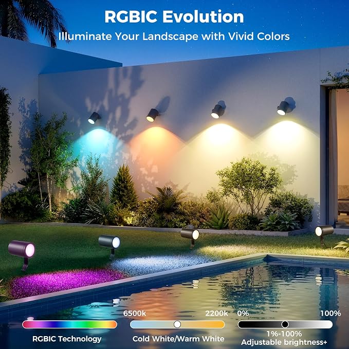 CDN Smart Landscape Spotlights, 4 Pack RGBCW Outdoor Lights, IP65 Waterproof & Dimmable, Compatible with Alexa/Google Assistant, for Garden Yard Pathway Decor
