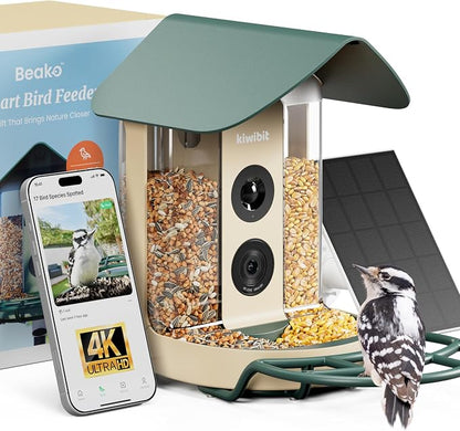 Kiwibit Smart Bird Feeder with 4K AI Camera Solar Powered | AI Identification Bird Species 10,000+, 4K Video Live Stream, 8MP Photos, Real-Time Bird Alert, Backyard Birdwatching Gift