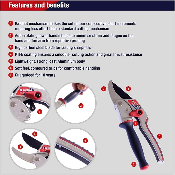 Spear & Jackson Razorsharp Ratchet Anvil Pruners with Twist Handle, Ergonomic High-Carbon Steel Blades for Effortless Pruning