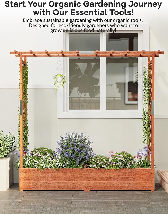 Patikuin 72" Elevated Wooden Raised Garden Bed with Trellis & Canopy, Freestanding Planter Box with Side Supports & Drainage Holes, Large Vertical Planter for Climbing Plants, Vines, Flowers, Patio