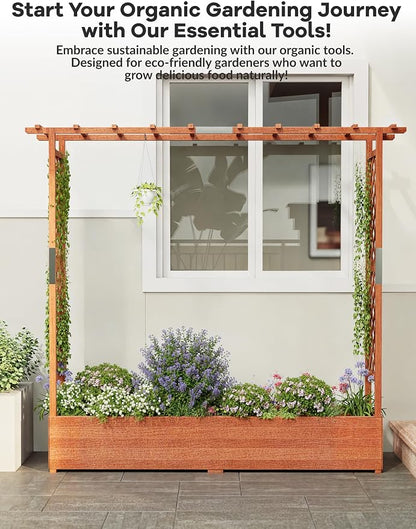 Patikuin 72" Elevated Wooden Raised Garden Bed with Trellis & Canopy, Freestanding Planter Box with Side Supports & Drainage Holes, Large Vertical Planter for Climbing Plants, Vines, Flowers, Patio
