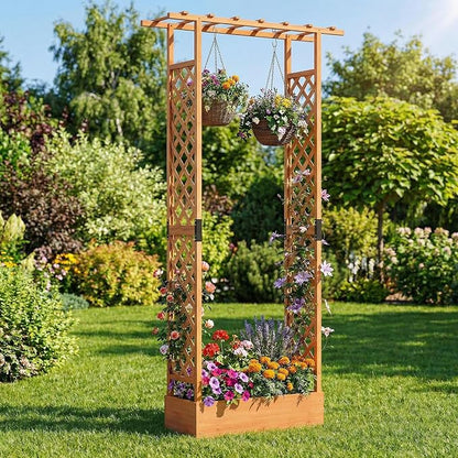 Giantex Wooden Raised Garden Bed with Trellis & Hanging Roof, Fir Wood Planter Box, 89” Freestanding Elevated Garden Bed for Outdoor Climbing Plants Vegetables Flowers, Patio & Balcony, Orange