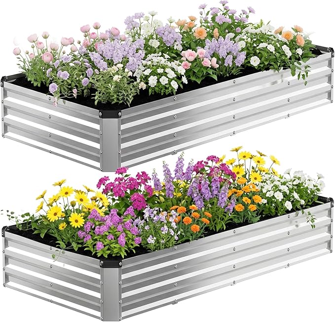 NEWBULIG Galvanized Raised Garden Bed Outdoor, 8x4x1ft 2 Pack Metal Planter Box for Gardening, Rust-Resistant Rectangular Raised Flower Bed for Vegetables Flowers Herbs, Open Bottom, Easy Assembly