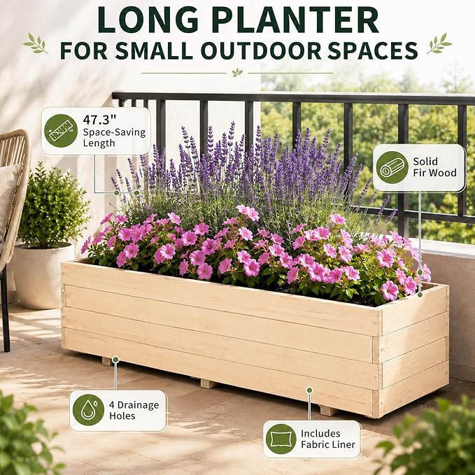 Fir Wood Raised Garden Bed Rectangular Planter for Outdoor Tomato Planter | For Herbs & Flowers Garden Includes Fabric Planter Liner, 4 Drainage Holes