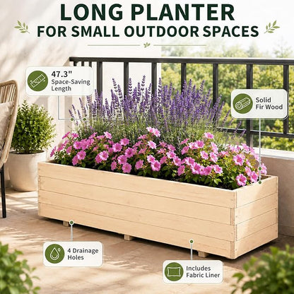 Fir Wood Raised Garden Bed Rectangular Planter for Outdoor Tomato Planter | For Herbs & Flowers Garden Includes Fabric Planter Liner, 4 Drainage Holes