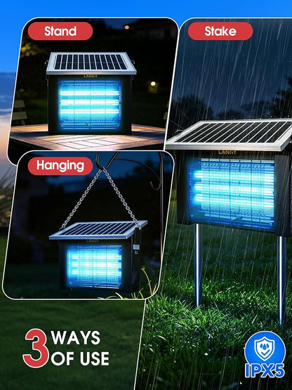 LANGY Solar Bug Zapper Outdoor, Upgrade 3-Tube 365nm Solar Mosquito Zapper Outdoor, 5000mAh Rechargeable 4500V Electric Fly Zapper Mosquitos Trap w 16.4ft Cord Auto On/Off for Yard Patio Camping