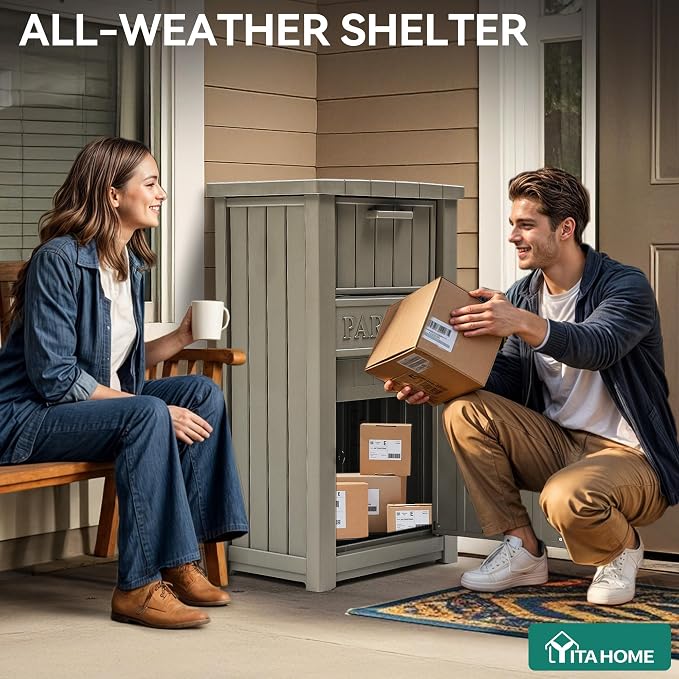 YITAHOME Anti-Theft Package Delivery Box for Outside w/Lockable Security | Outdoor Waterproof Parcel Drop Storage Boxes Resin Drop Box for Porch House Curbside, Taupe